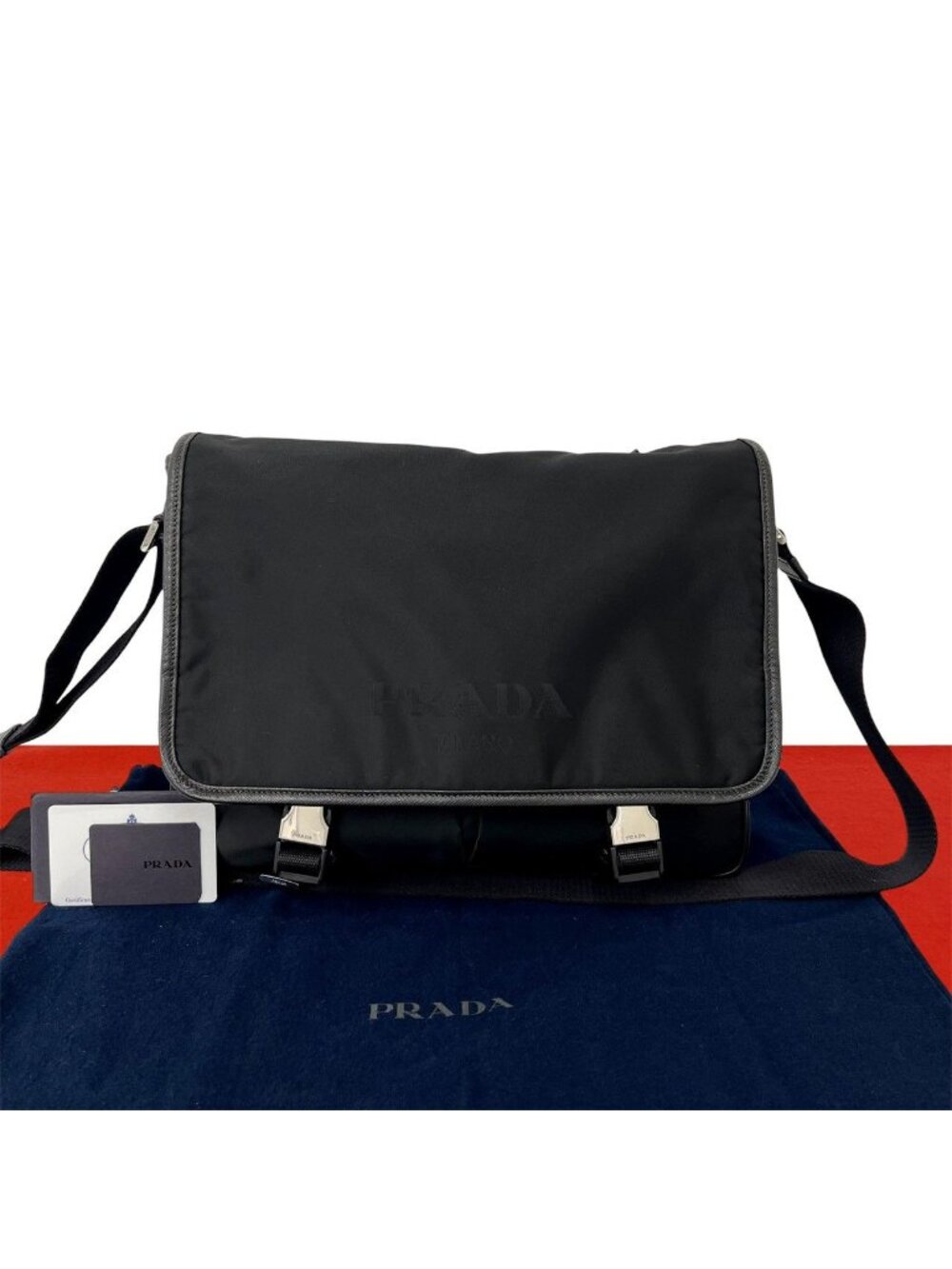 Prada Triangle Logo Tessuto Pocono Nylon Saffiano Leather Shoulder Bag Black